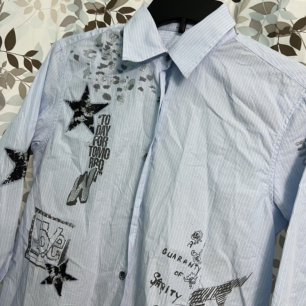 ERMANNO SCERVINO Blue Glitter Graphuc Star Shirt Button Up Size 38 / Small